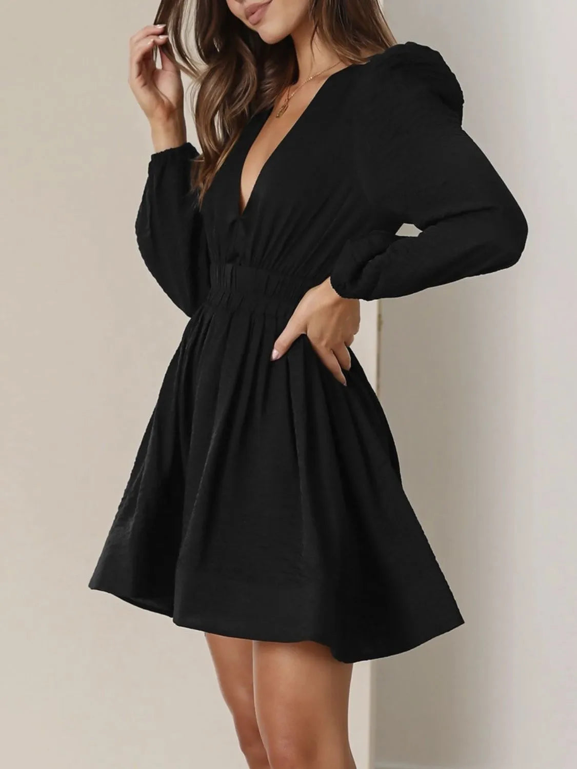 Buy Ruched V-Neck Balloon Sleeve Mini Dress by Faz