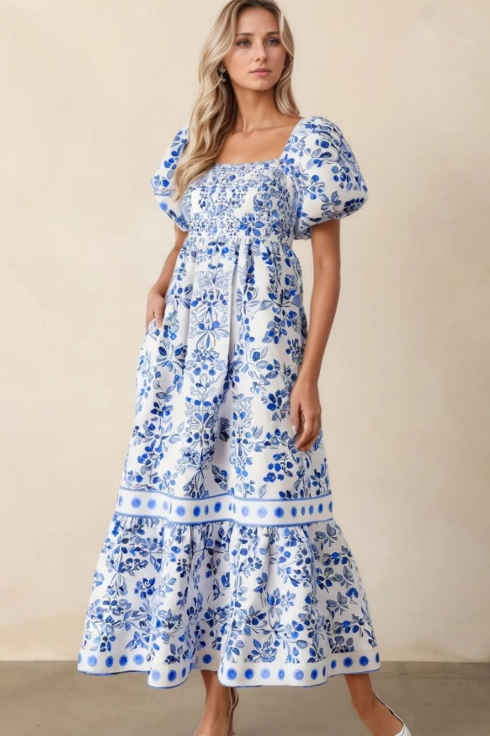 Buy Smocked Printed Square Neck Puff Sleeve Dress by Faz