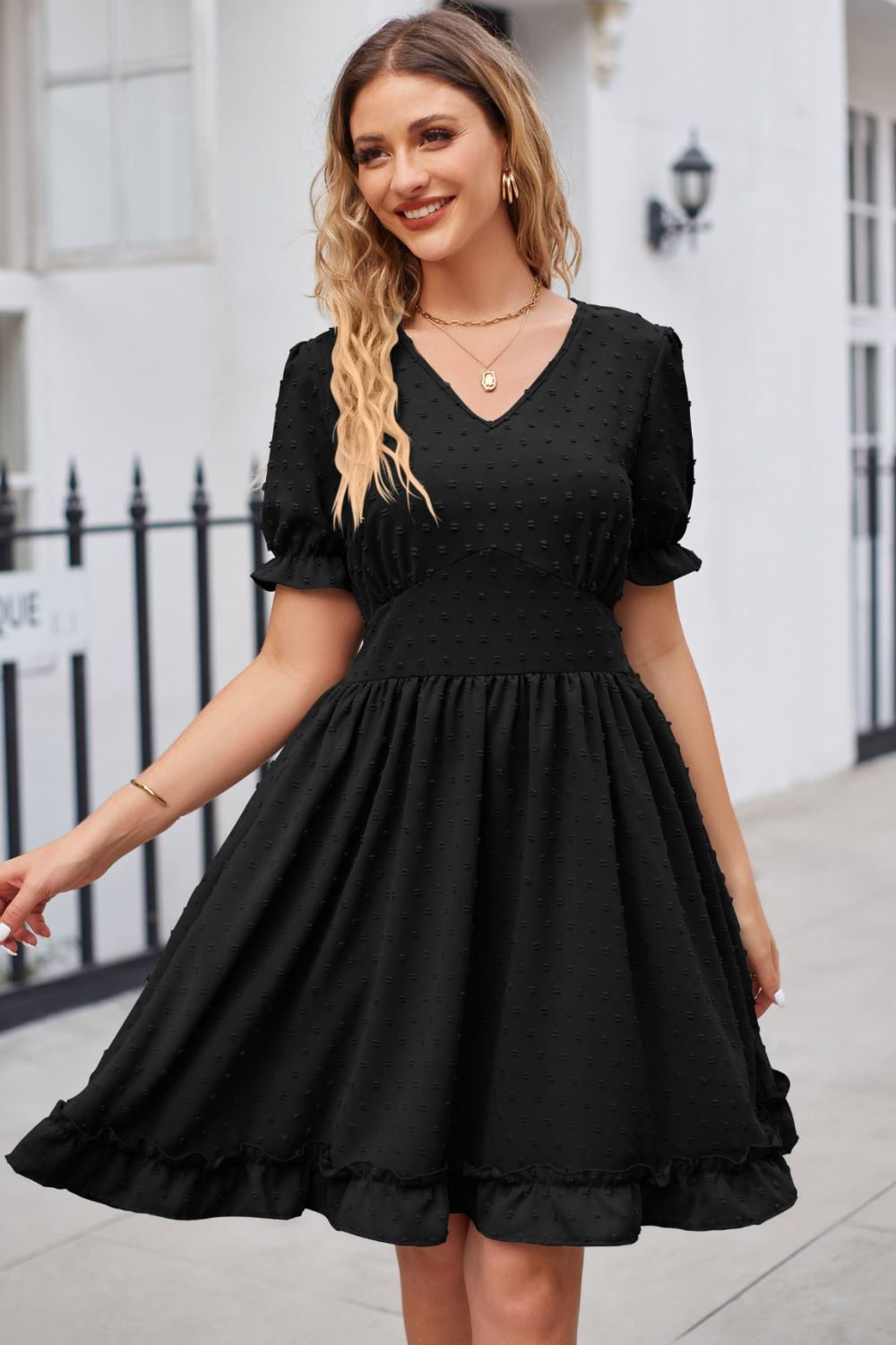 Buy Swiss Dot Frill Trim Flounce Sleeve V-Neck Dress by Faz