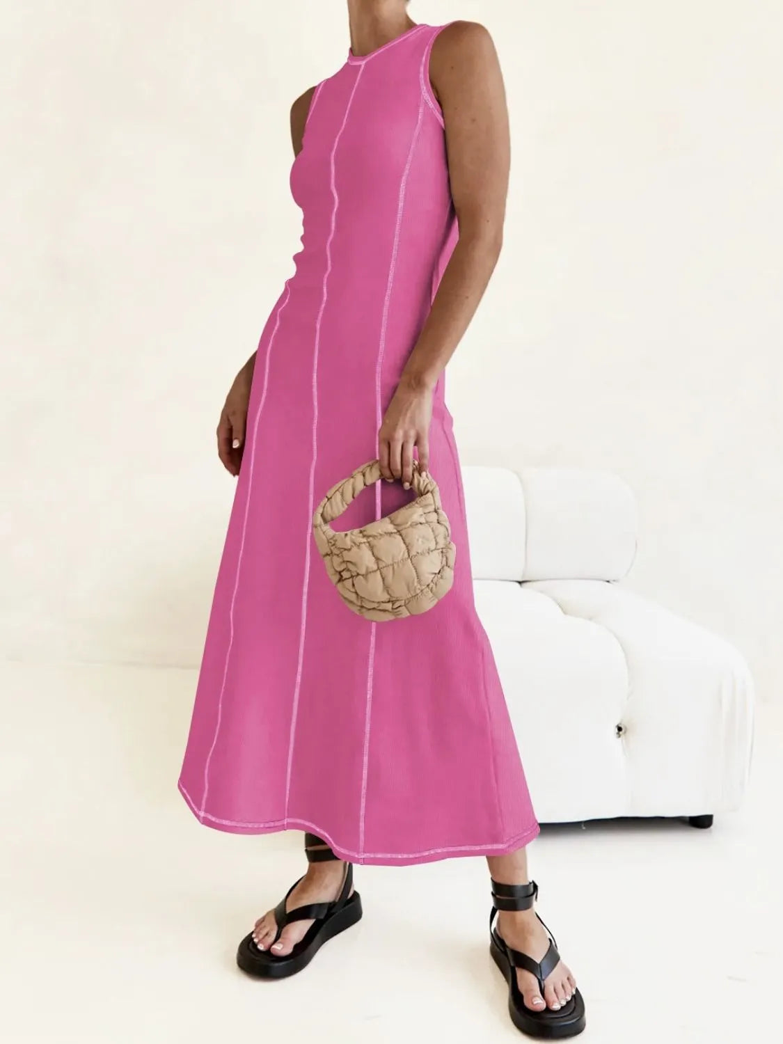 Buy Contrast Stitching Round Neck Sleeveless Midi Dress by Faz