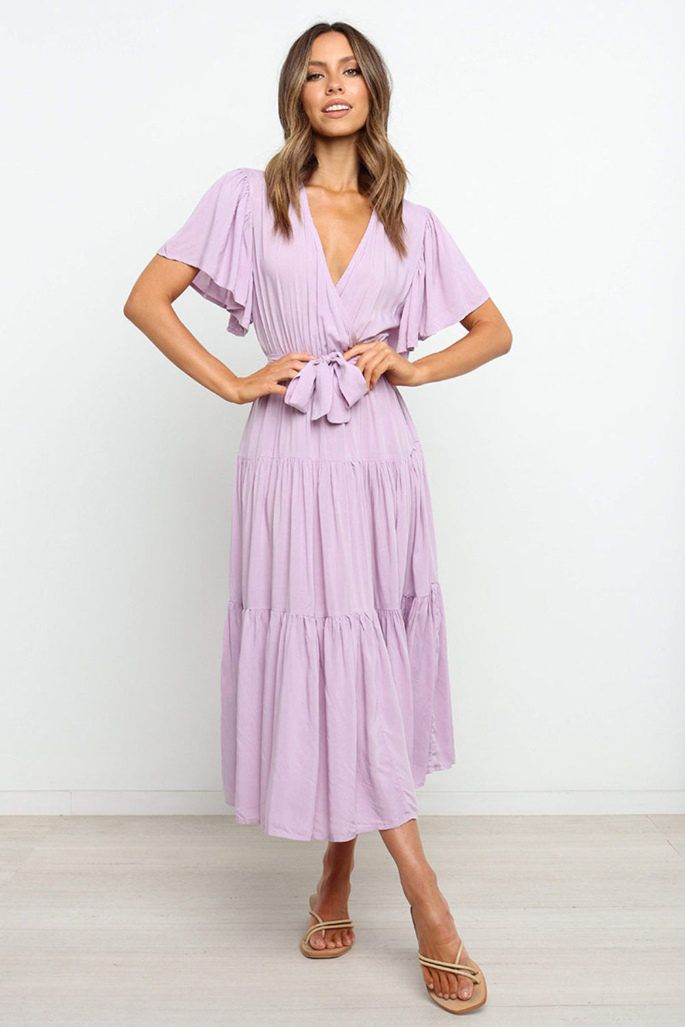 Buy Tied Back Tiered Short Sleeve Midi Dress by Faz