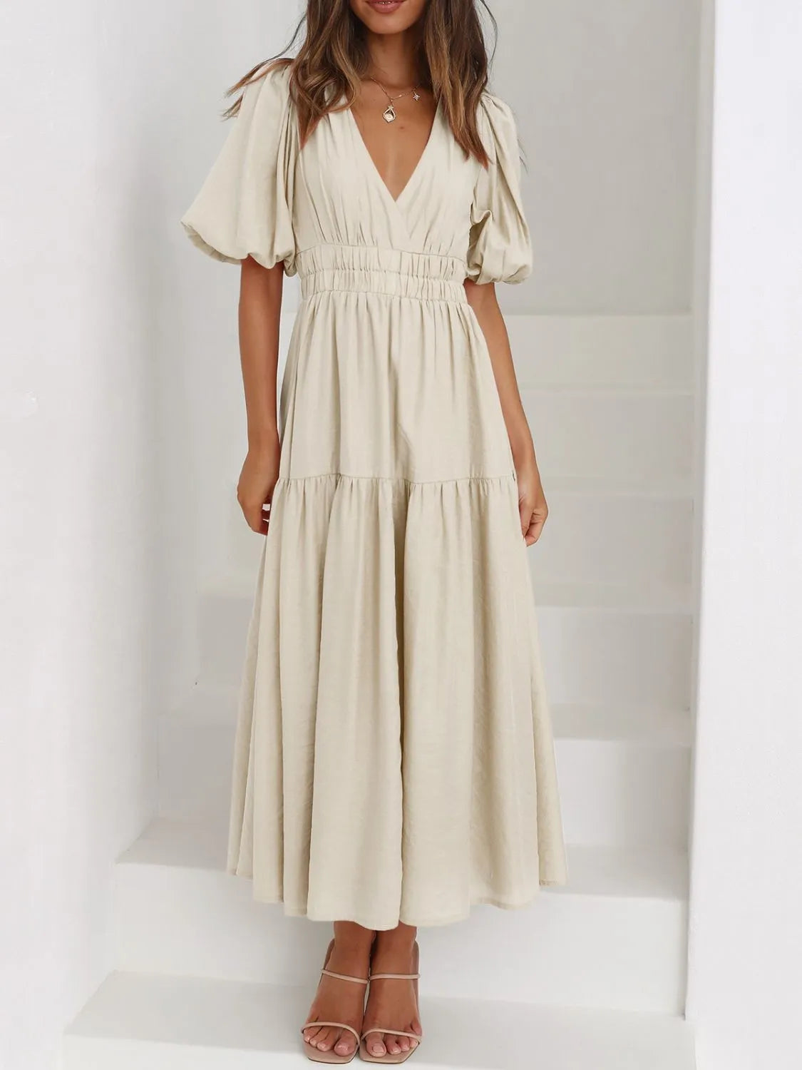 Buy V-Neck Puff Sleeve Midi Dress by Faz