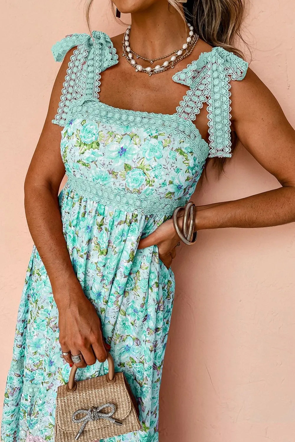 Buy Lace Detail Square Neck Floral Dress by Faz