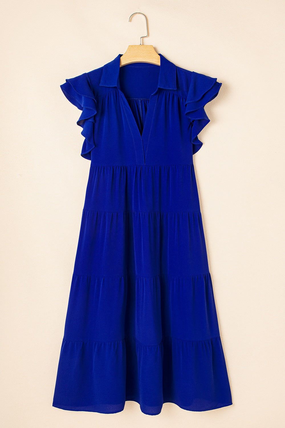 Buy Ruffled Short Sleeve Collared V Neck Tiered Midi Dress by Faz