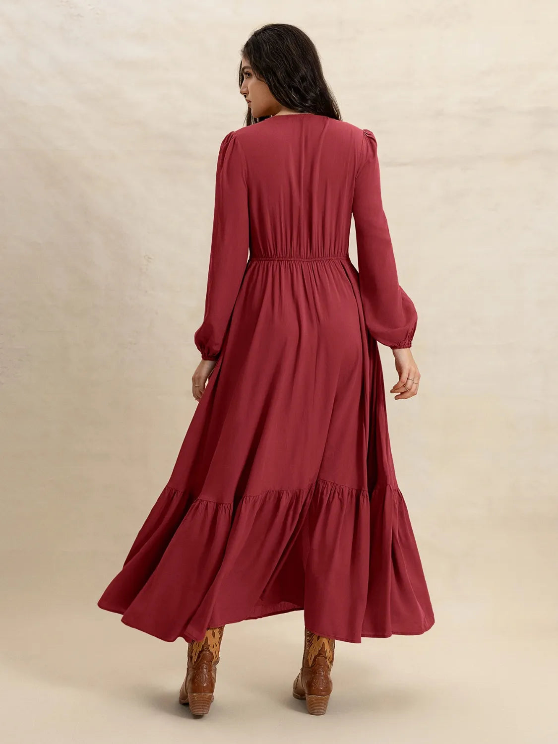 Buy V-Neck Balloon Sleeve Ruffled Hem Maxi Dress by Faz