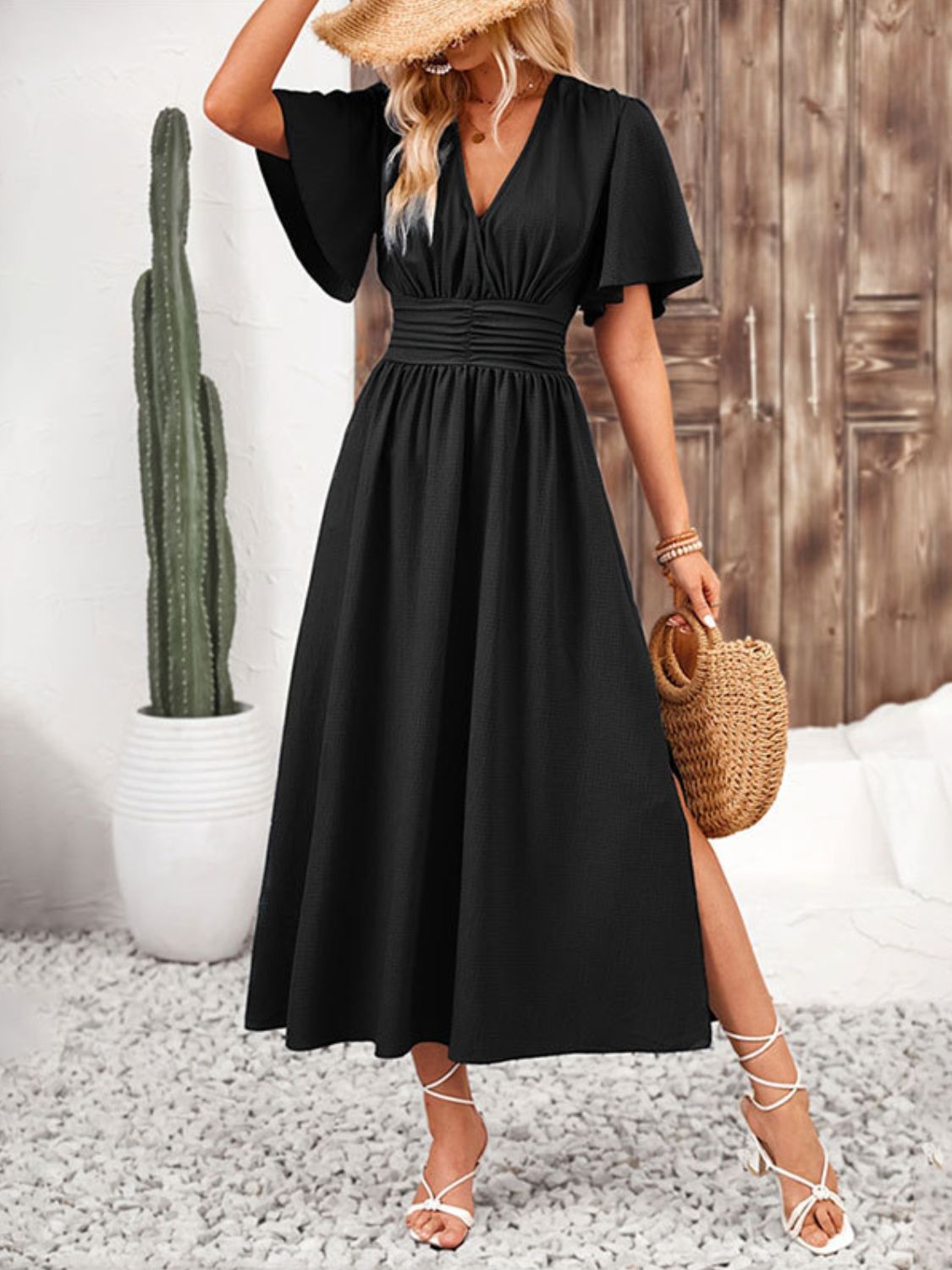 Buy Side Slit Surplice Flutter Sleeve Midi Dress by Faz