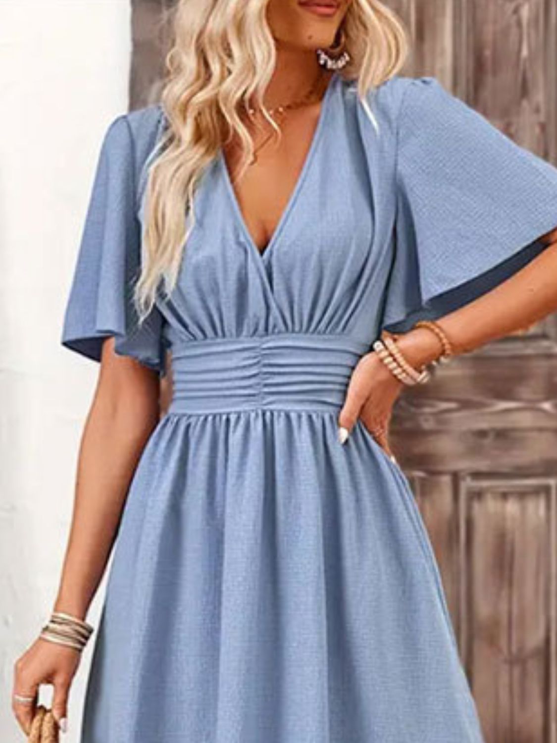 Buy Side Slit Surplice Flutter Sleeve Midi Dress by Faz