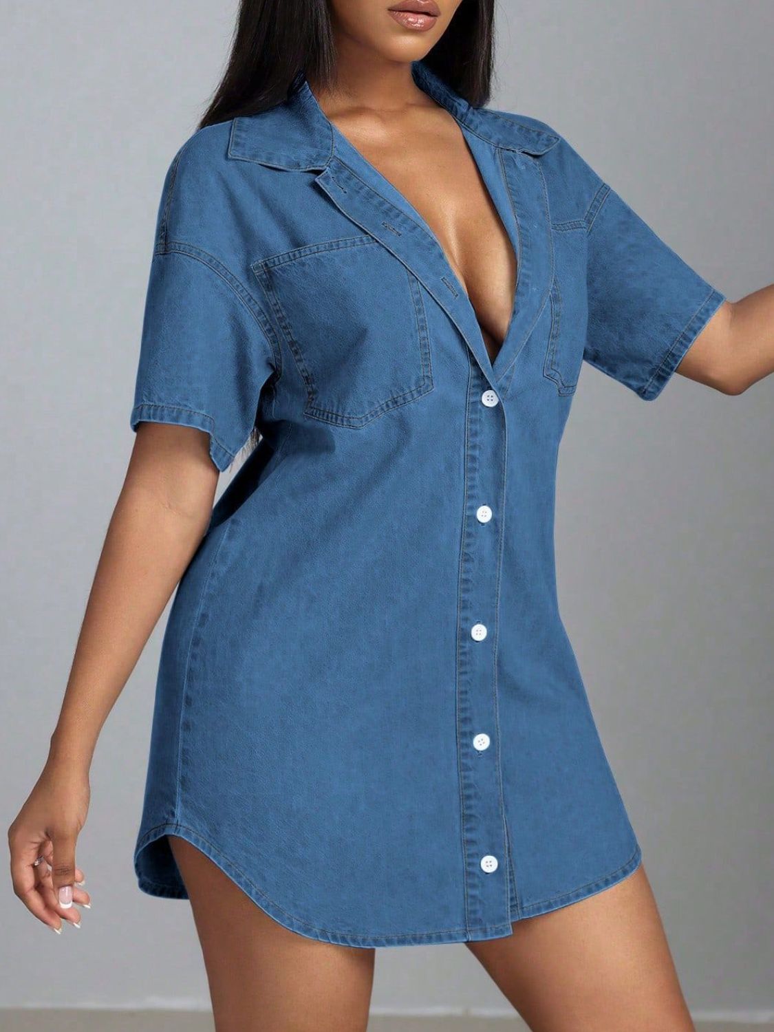 Buy Button Down Collared Neck Denim Dress by Faz