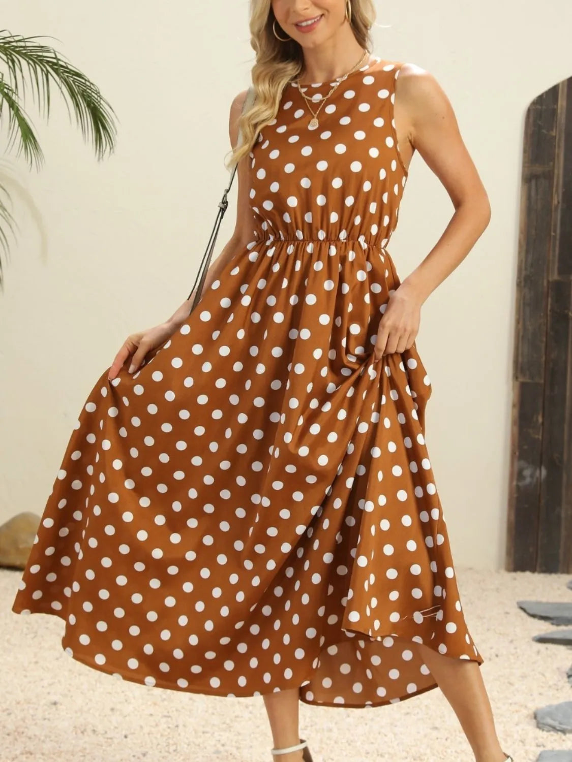 Buy Polka Dot Round Neck Sleeveless Midi Dress by Faz