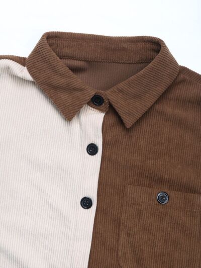 Buy Pocketed Contrast Collared Neck Long Sleeve Shirt by Perfee