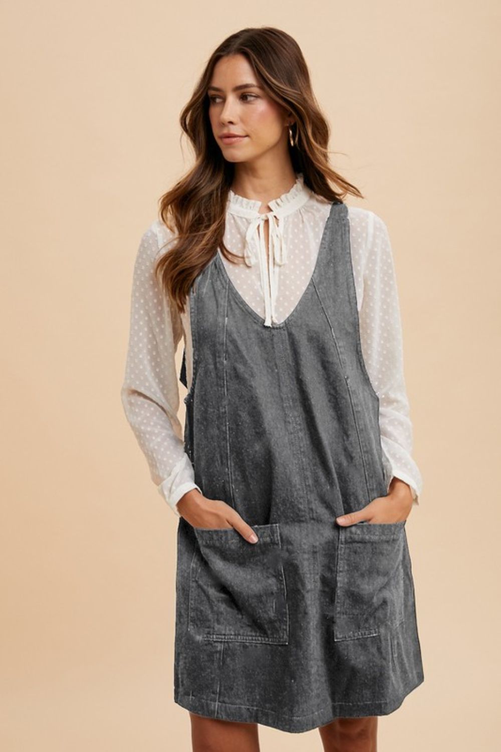 Buy V-Neck Adjustable Strap Denim Overall Dress with Pockets by Faz