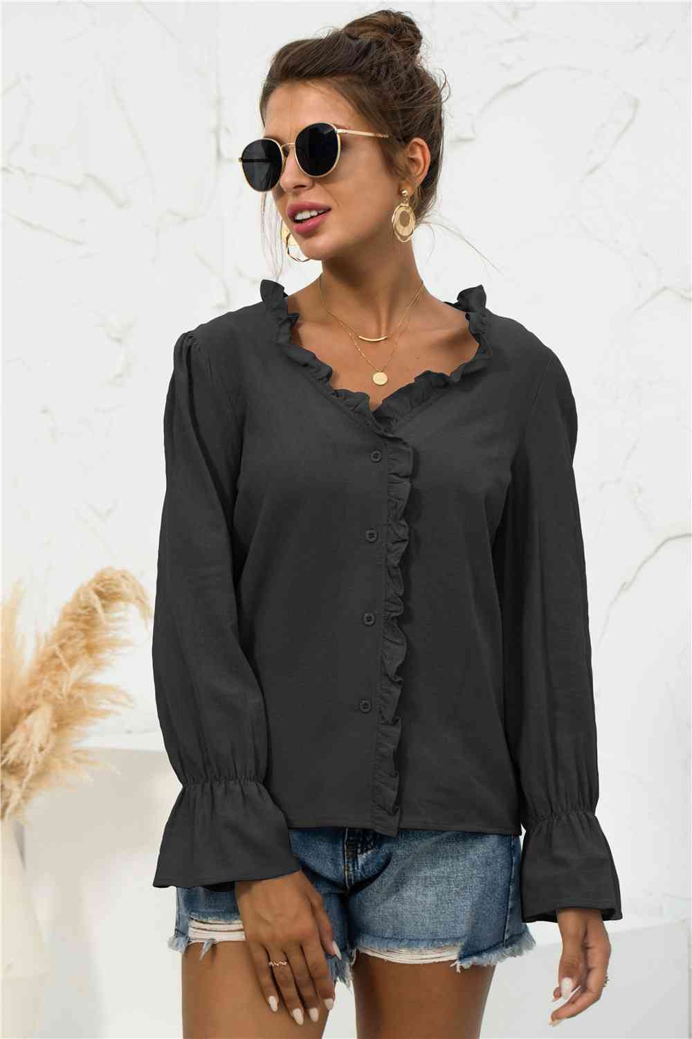 Buy Frill Trim V-Neck Flounce Sleeve Shirt by YO