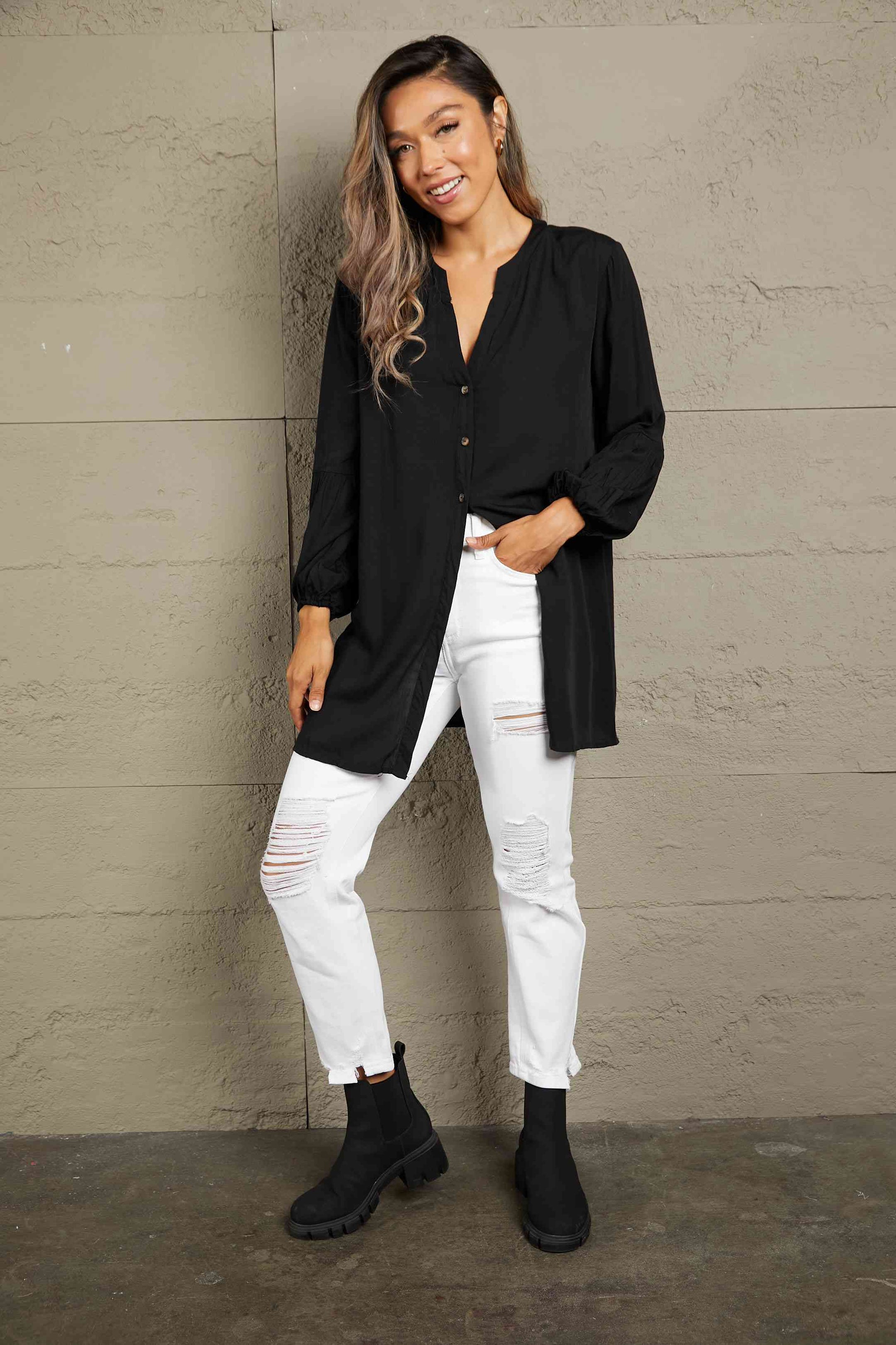 Buy Ivy Lane Notched Neck Balloon Sleeve Shirt by Double Take