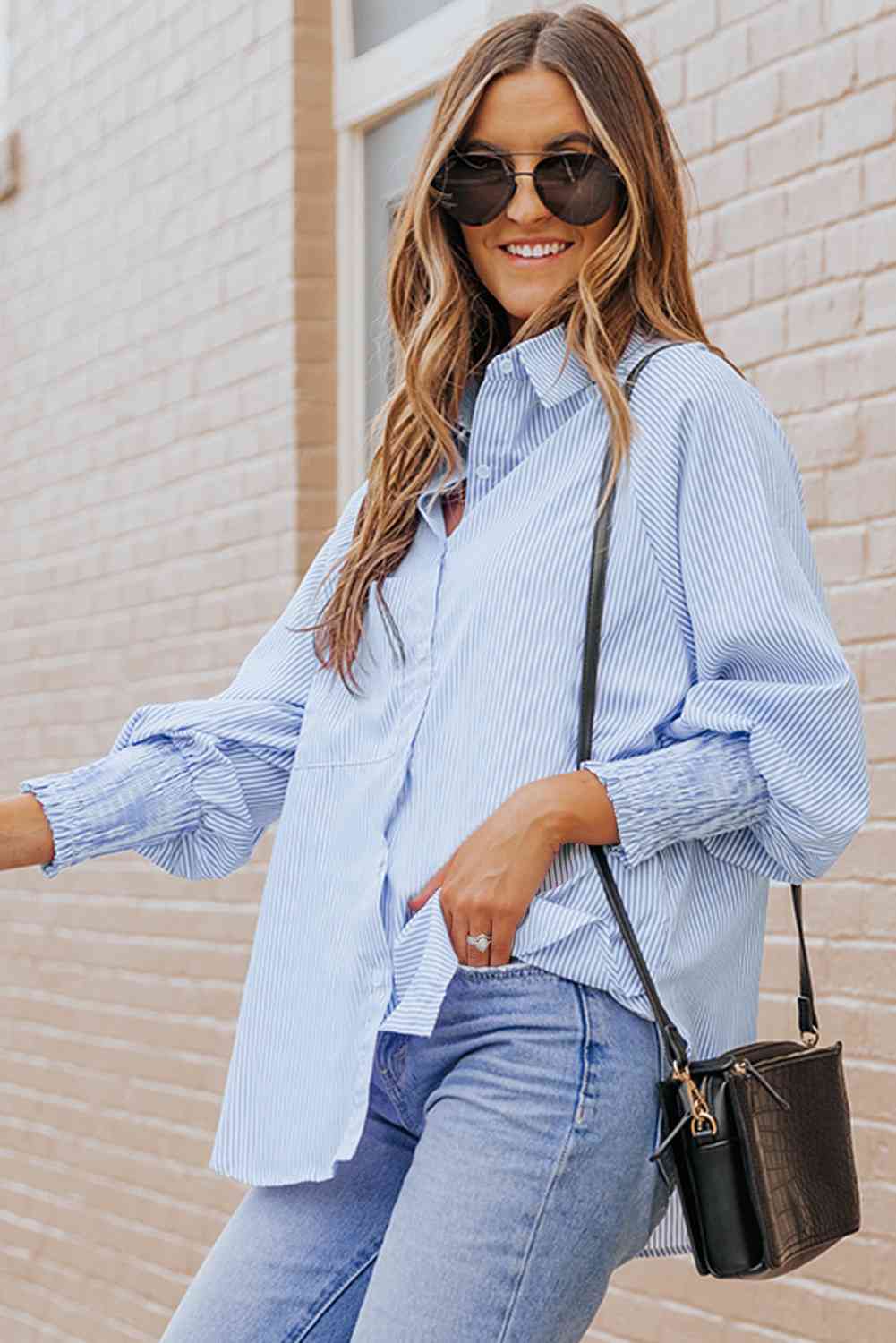 Buy Striped Lantern Sleeve Collared Shirt by SYNZ