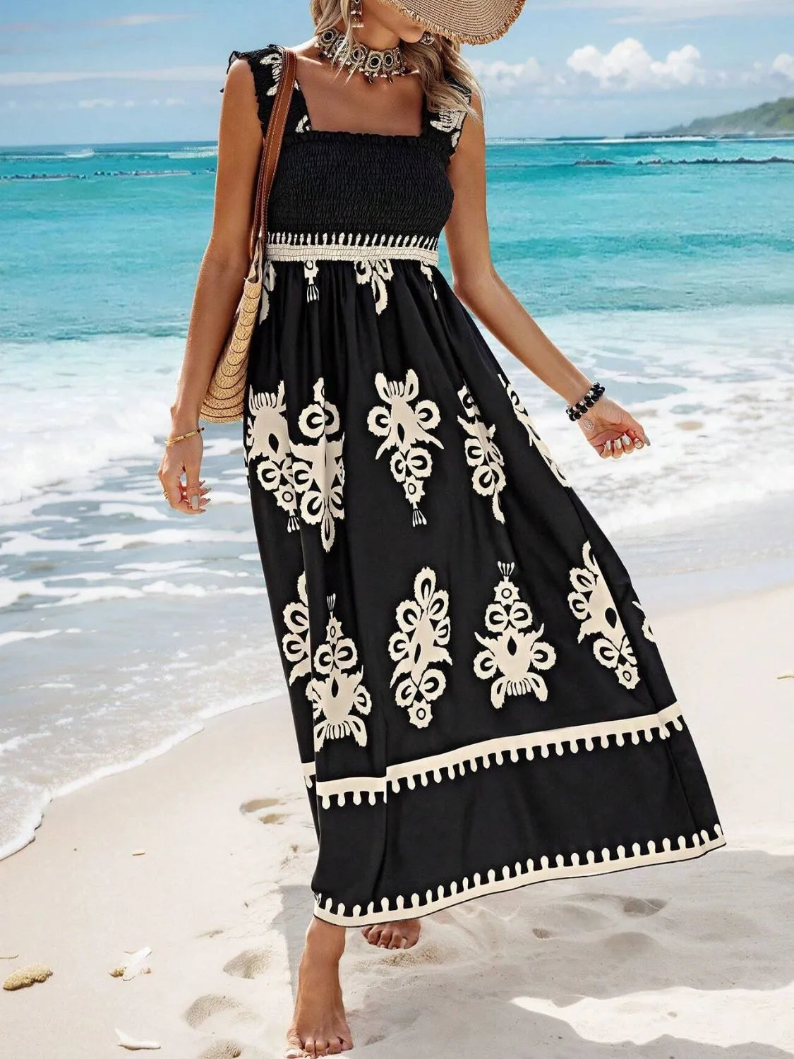 Buy Smocked Printed Wide Strap Maxi Dress by Faz