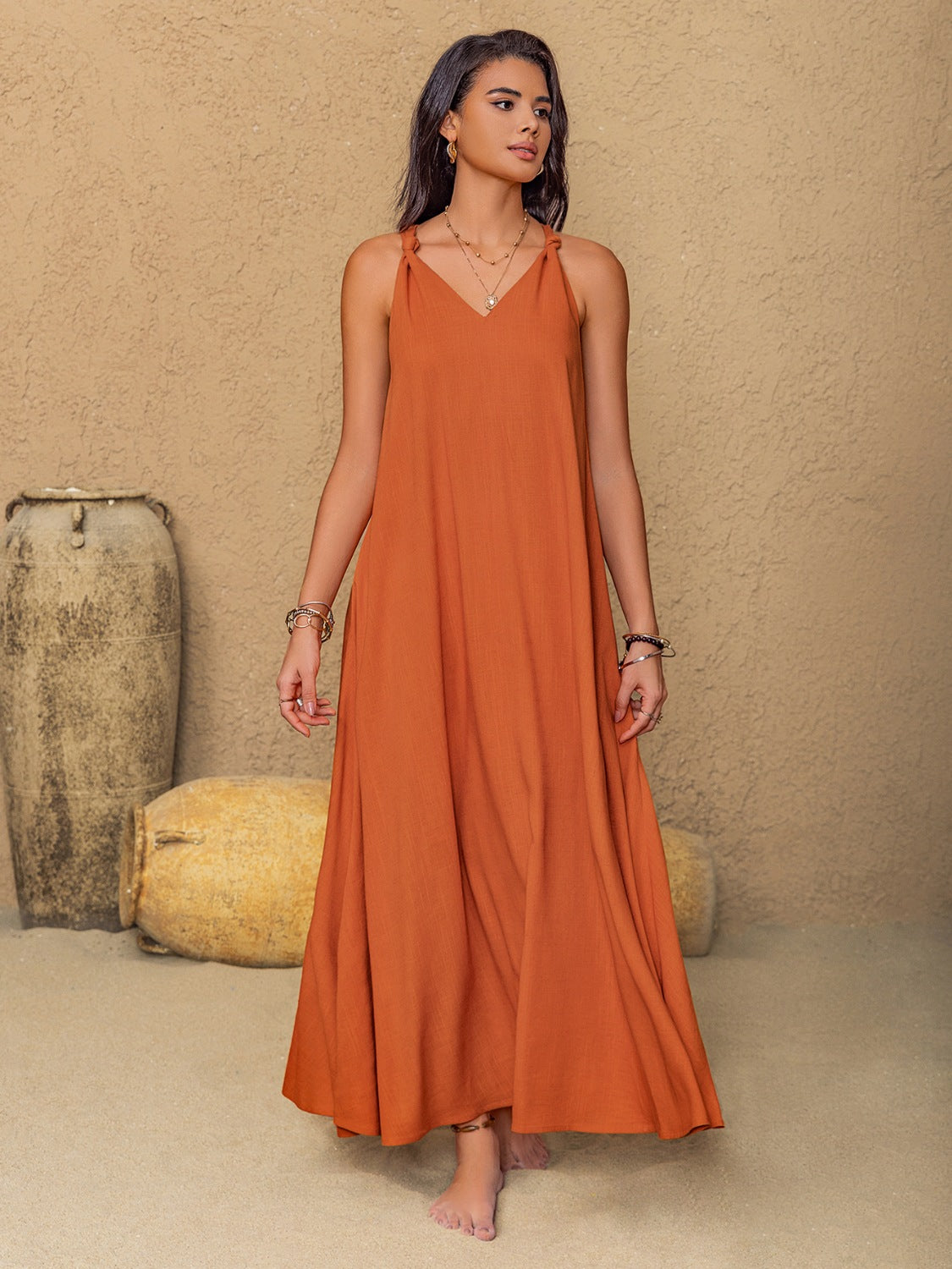 Buy Ruched Twisted Back Sleeveless Maxi Cami Dress by Faz
