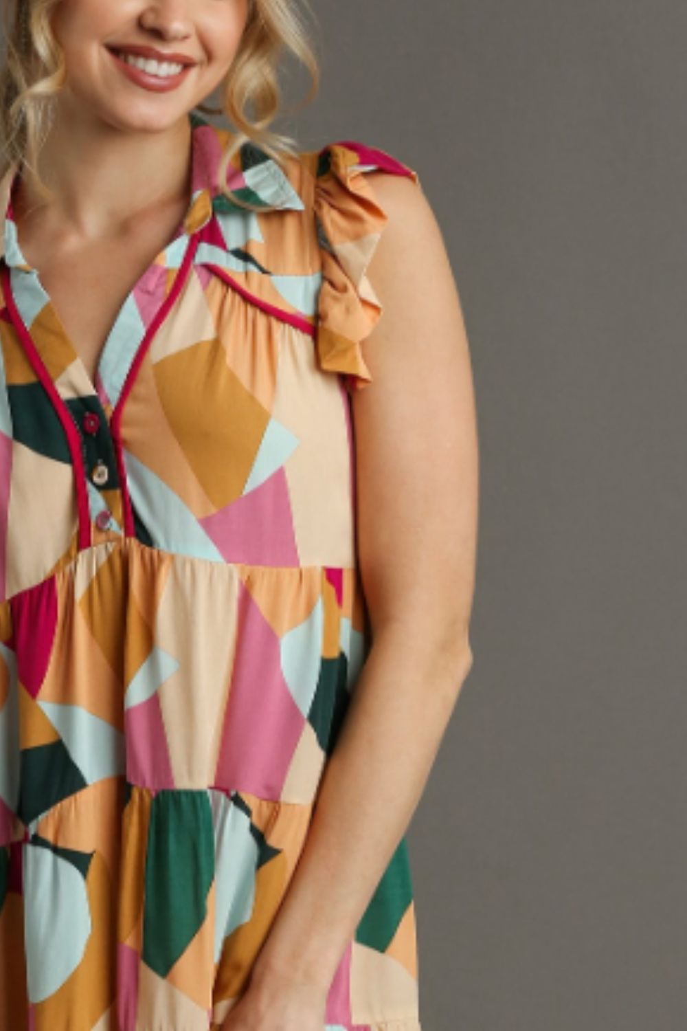 Buy Full Size Button Detail Ruffle Sleeve Mini Dress Plus Size by Faz