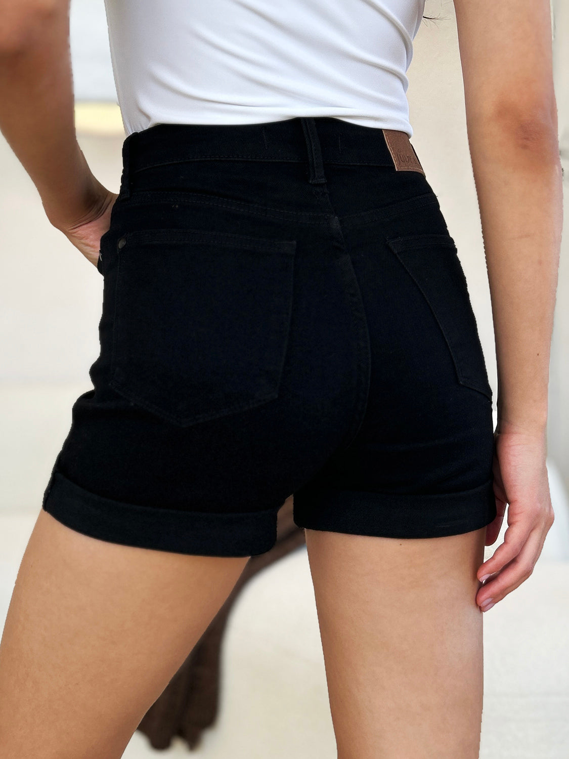 Buy Full Size High Waist Tummy Control Cuffed Denim Shorts by Faz