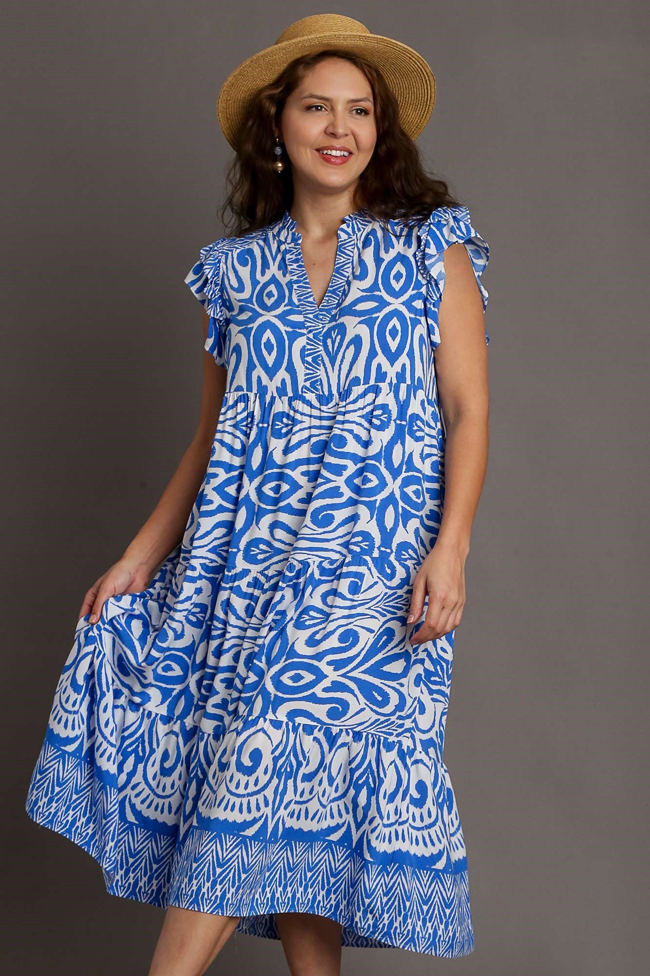 Buy Full Size Two Tone Border Print Ruffle Cap Sleeve Midi Dress Plus Size by Faz
