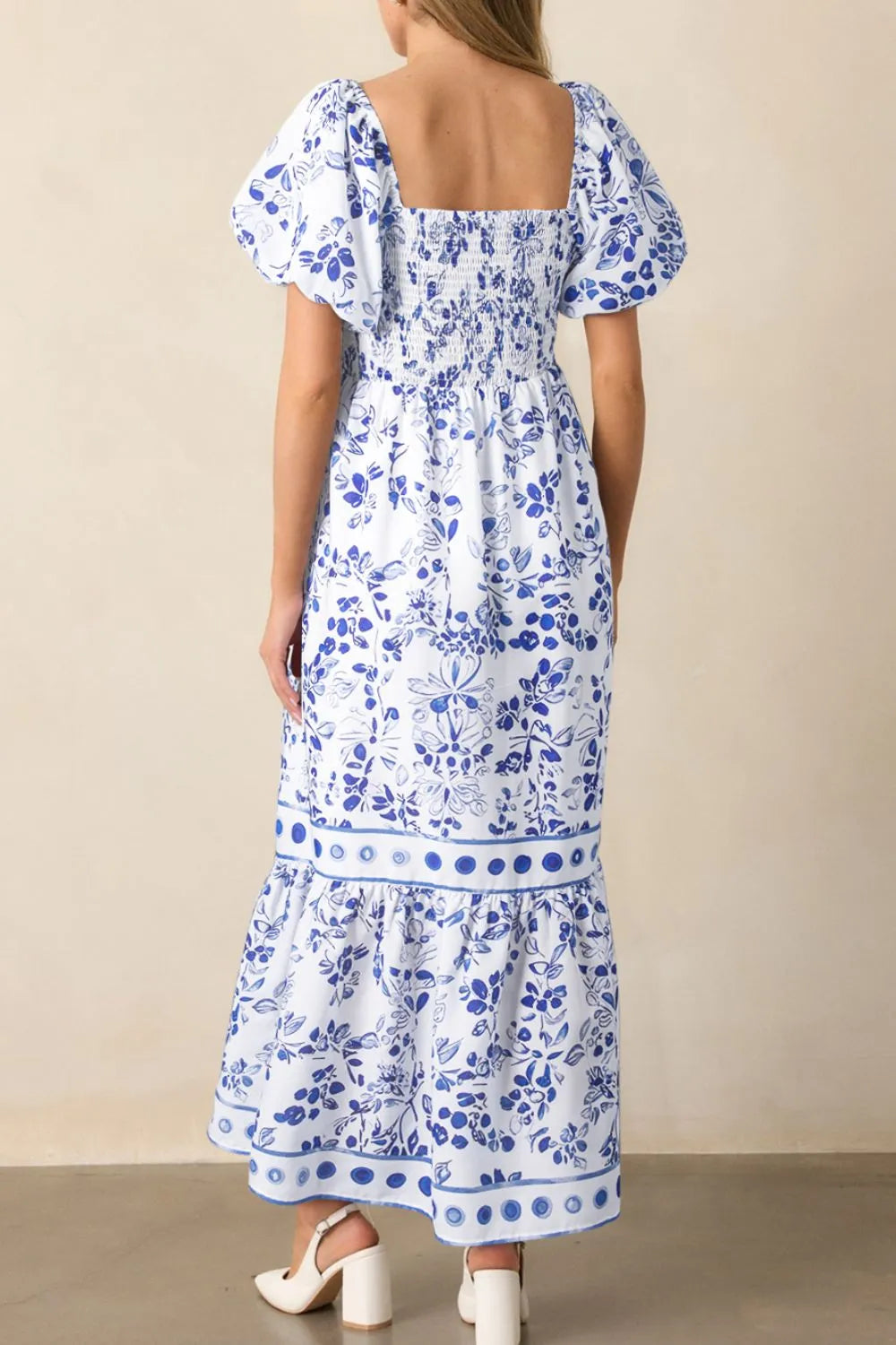Buy Smocked Printed Square Neck Puff Sleeve Dress by Faz