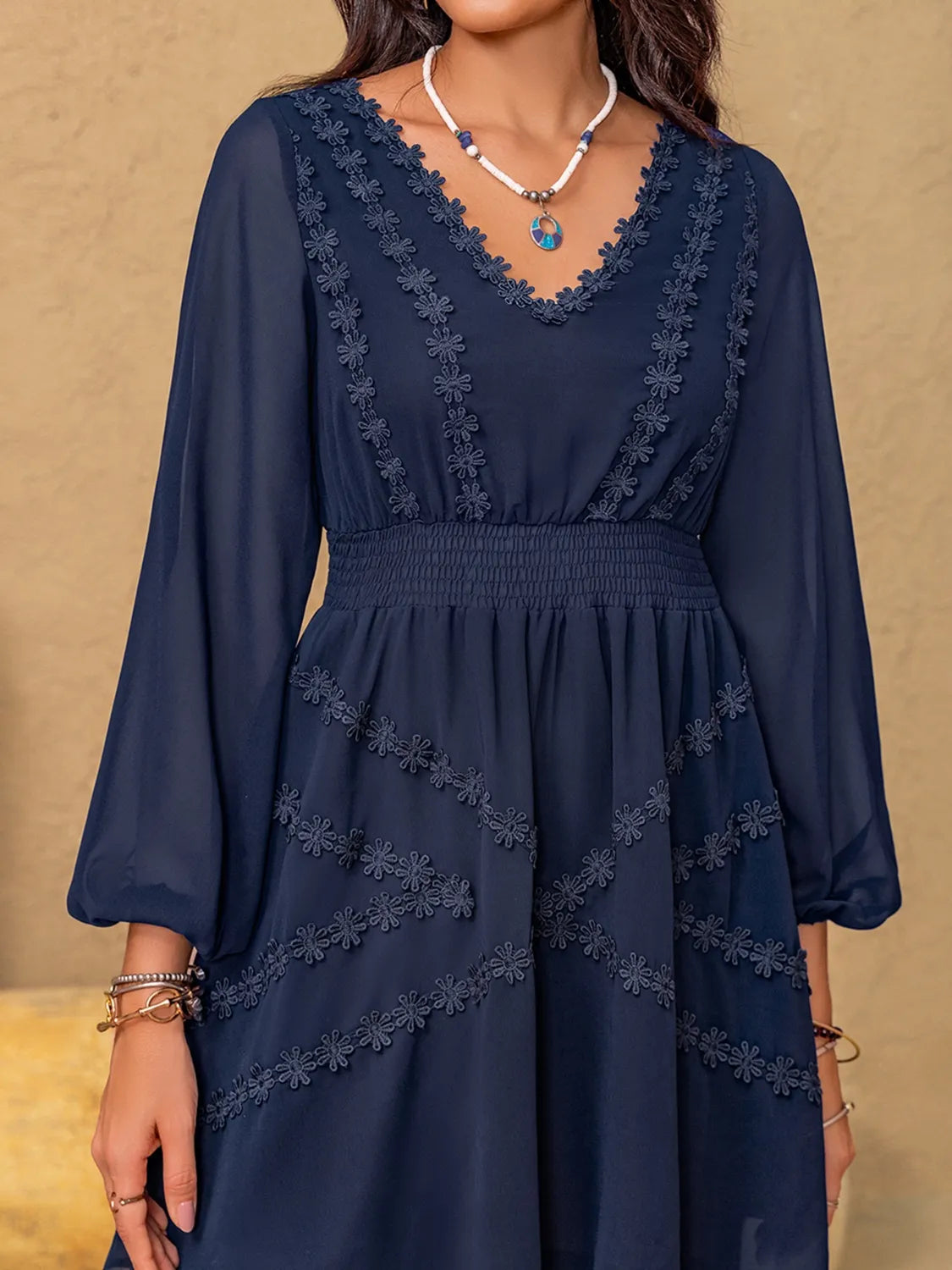 Buy Lace Detail V-Neck Balloon Sleeve Mini Dress by Faz