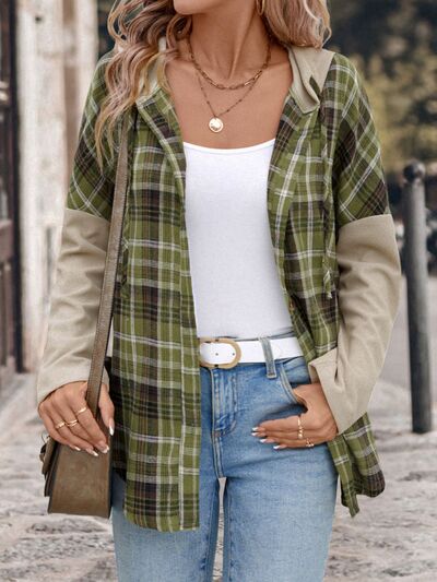 Buy Drawstring Plaid Long Sleeve Hooded Shirt by Perfee