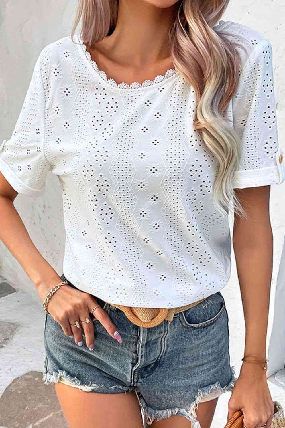 Buy Perfee Eyelet Short Sleeve Double-Sided Shirt by Hundredth