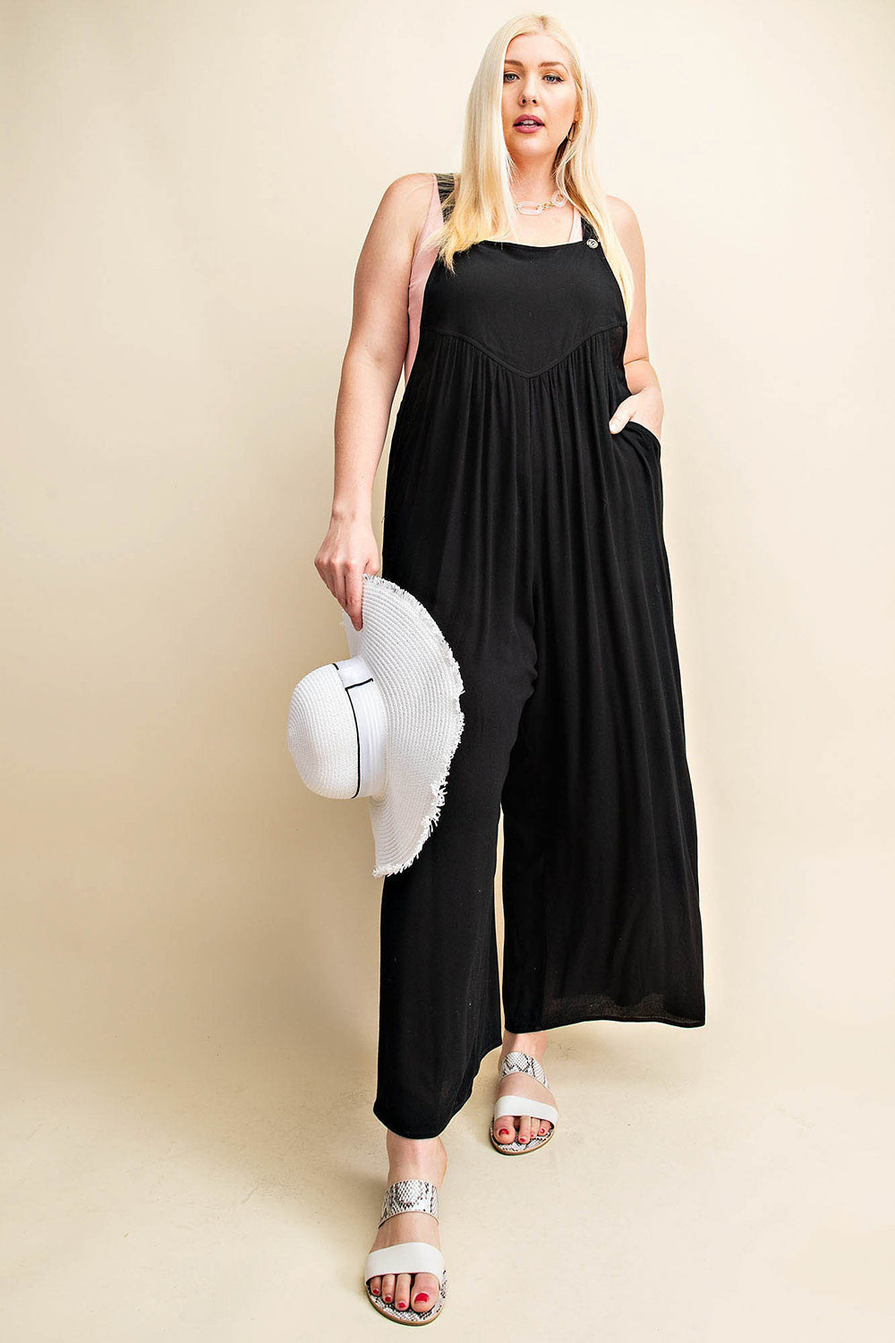 Buy Full Size Sleeveless Ruched Wide Leg Overalls by Faz