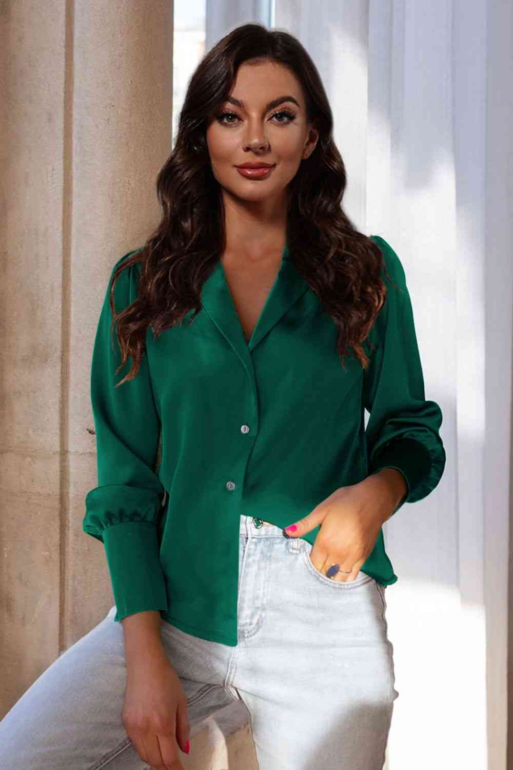 Buy Lapel Collar Buttoned Puff Sleeve Shirt by MDML