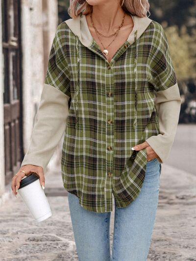 Buy Drawstring Plaid Long Sleeve Hooded Shirt by Perfee