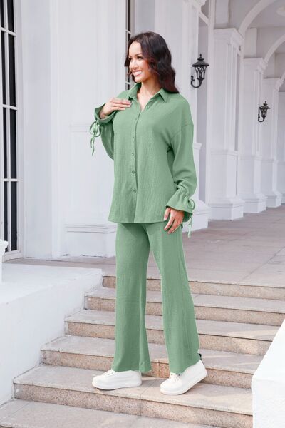 Buy Drawstring Flounce Sleeve Shirt and Pants Set by S.S.Ni
