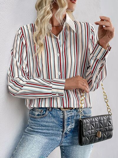 Buy Contrast Striped Collared Neck Long Sleeve Shirt by Perfee