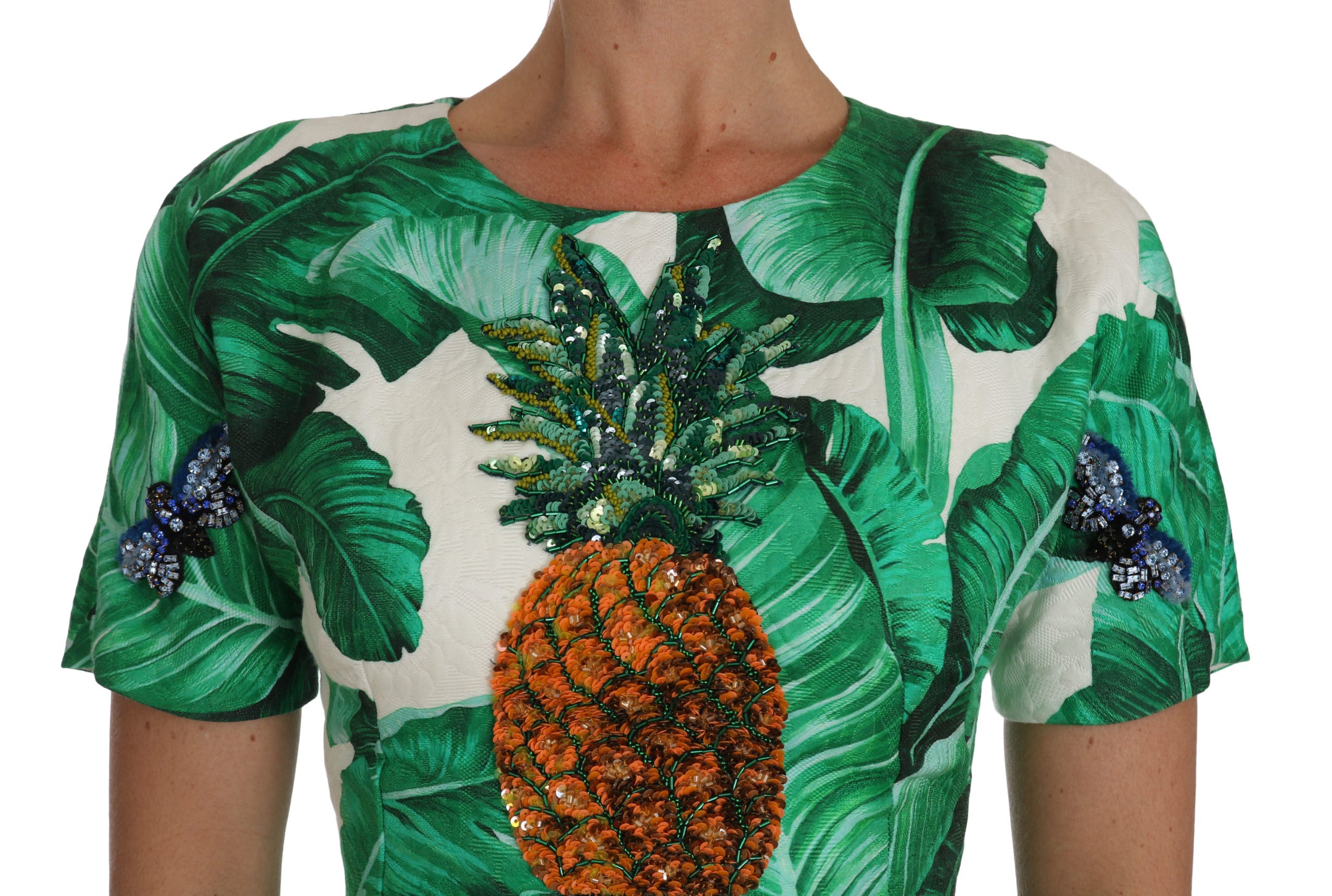 Buy Elegant Green Banana Leaf Print A-Line Dress by Dolce & Gabbana