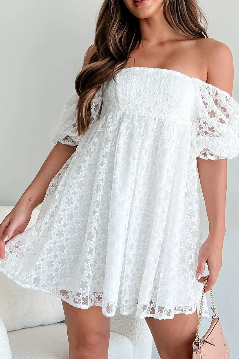 Buy Lace Puff Sleeve Empire Waist Mini Dress by Faz