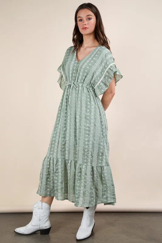 Buy Embroidered Boho Ruffled Midi Dress by Faz