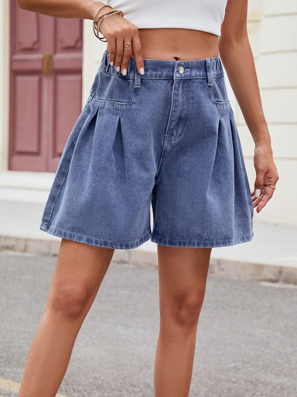 Buy Ruched Half Elastic Waist Denim Shorts by Faz