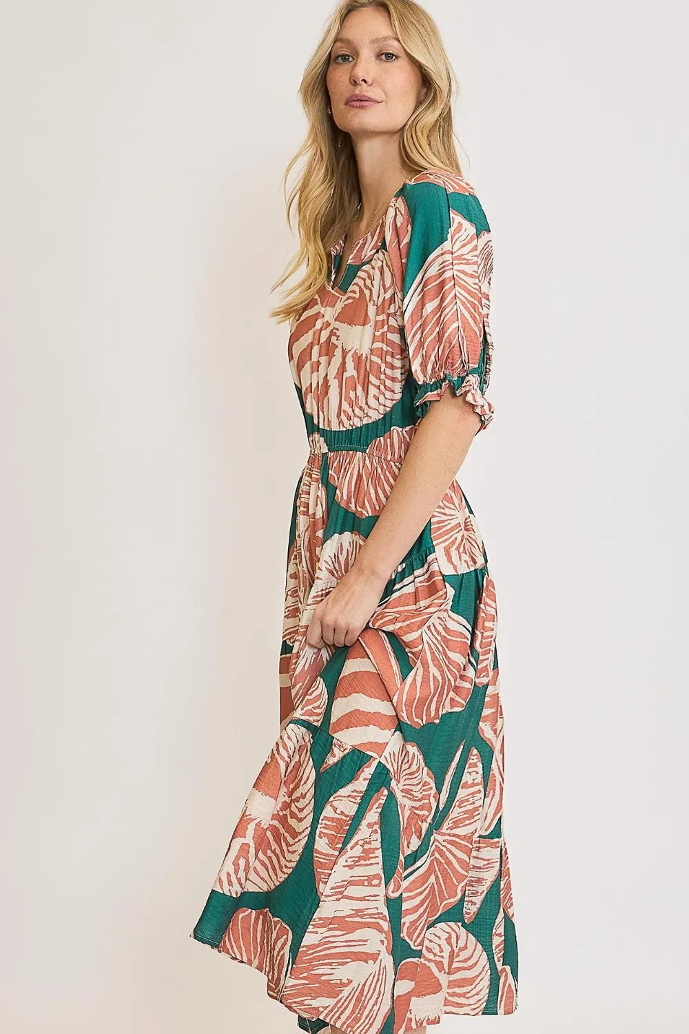 Buy Full Size Printed Notched Puff Sleeve Midi Dress Plus Size by Faz