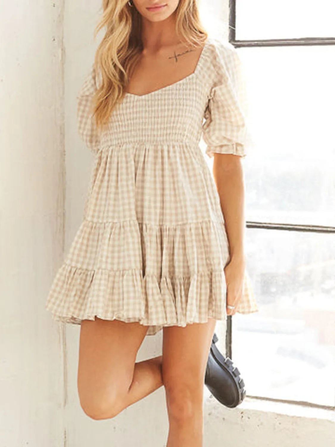 Buy Ruffled Hem Plaid Half Sleeve Mini Dress by Faz