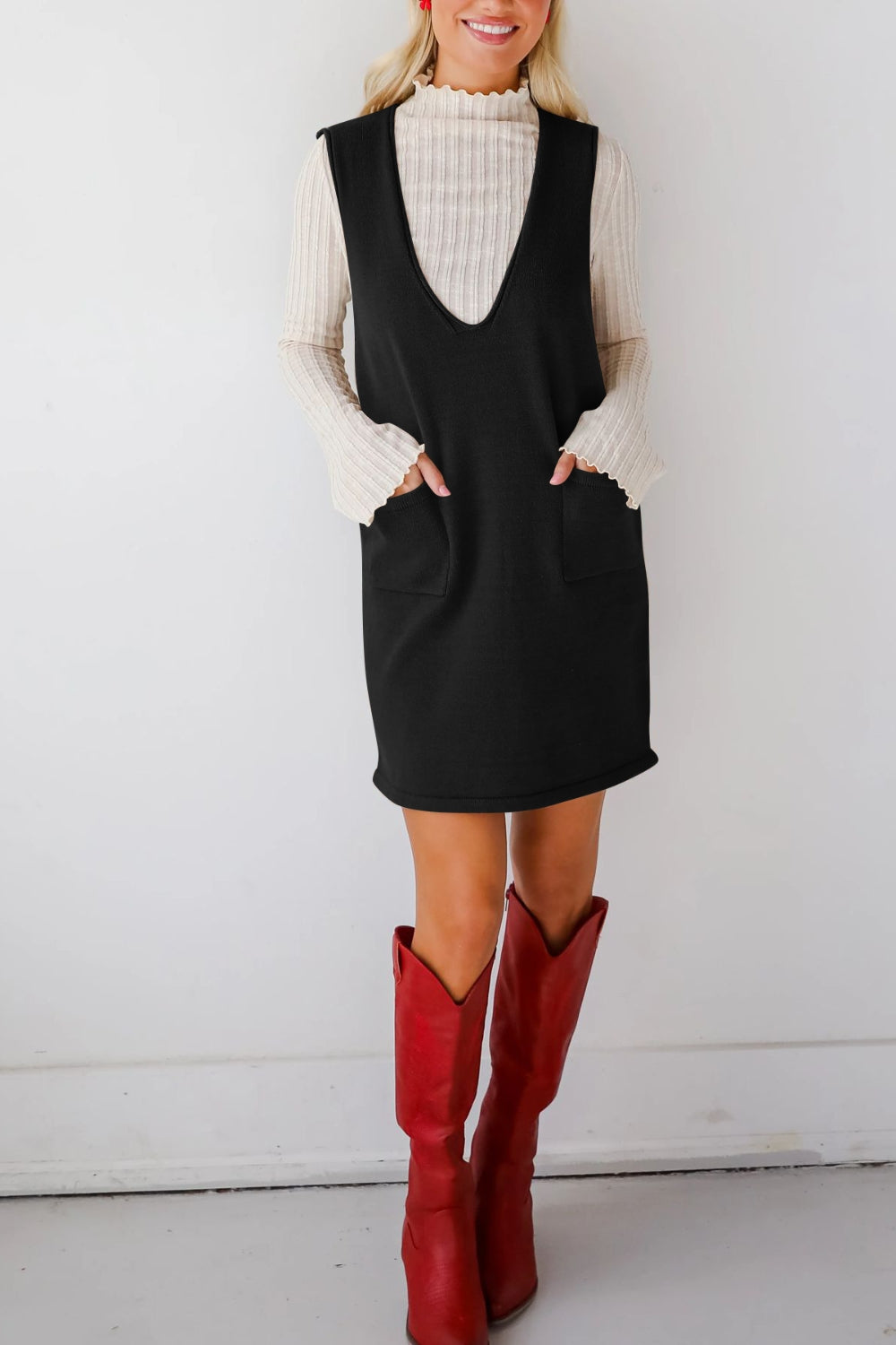 Buy Pocketed V-Neck Mini Sweater Overall Dress by Faz