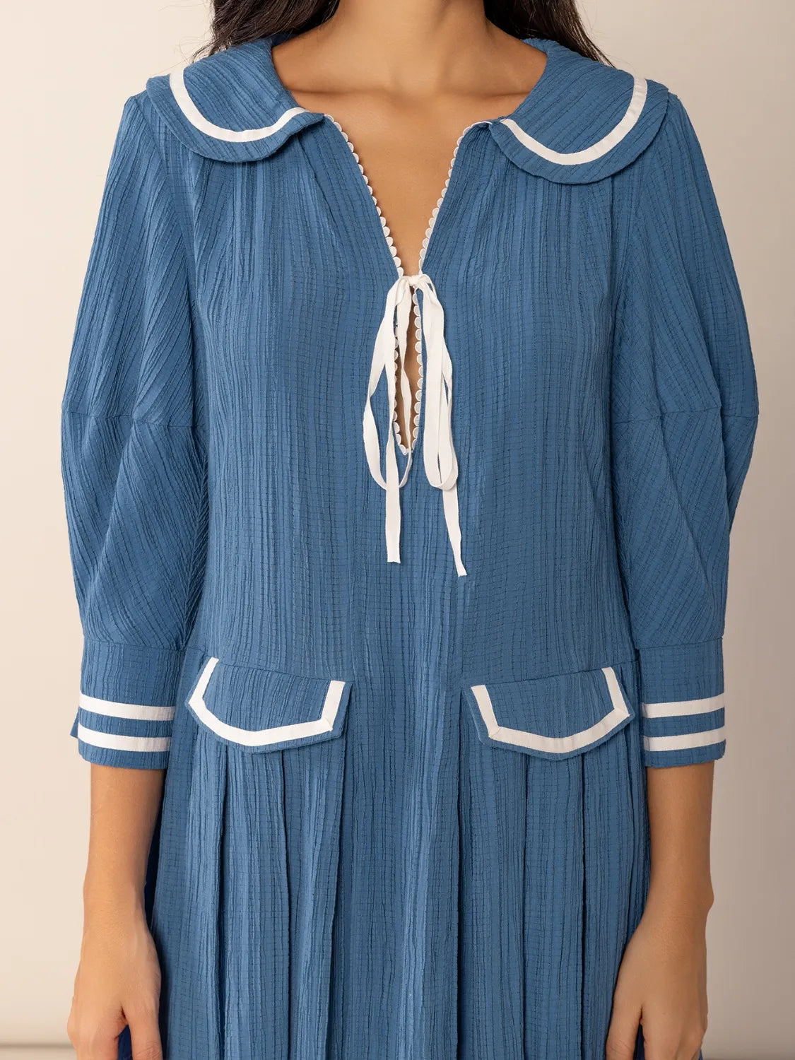 Buy Tie Front Pleated Three-Quarter Sleeve Mini Dress by Faz