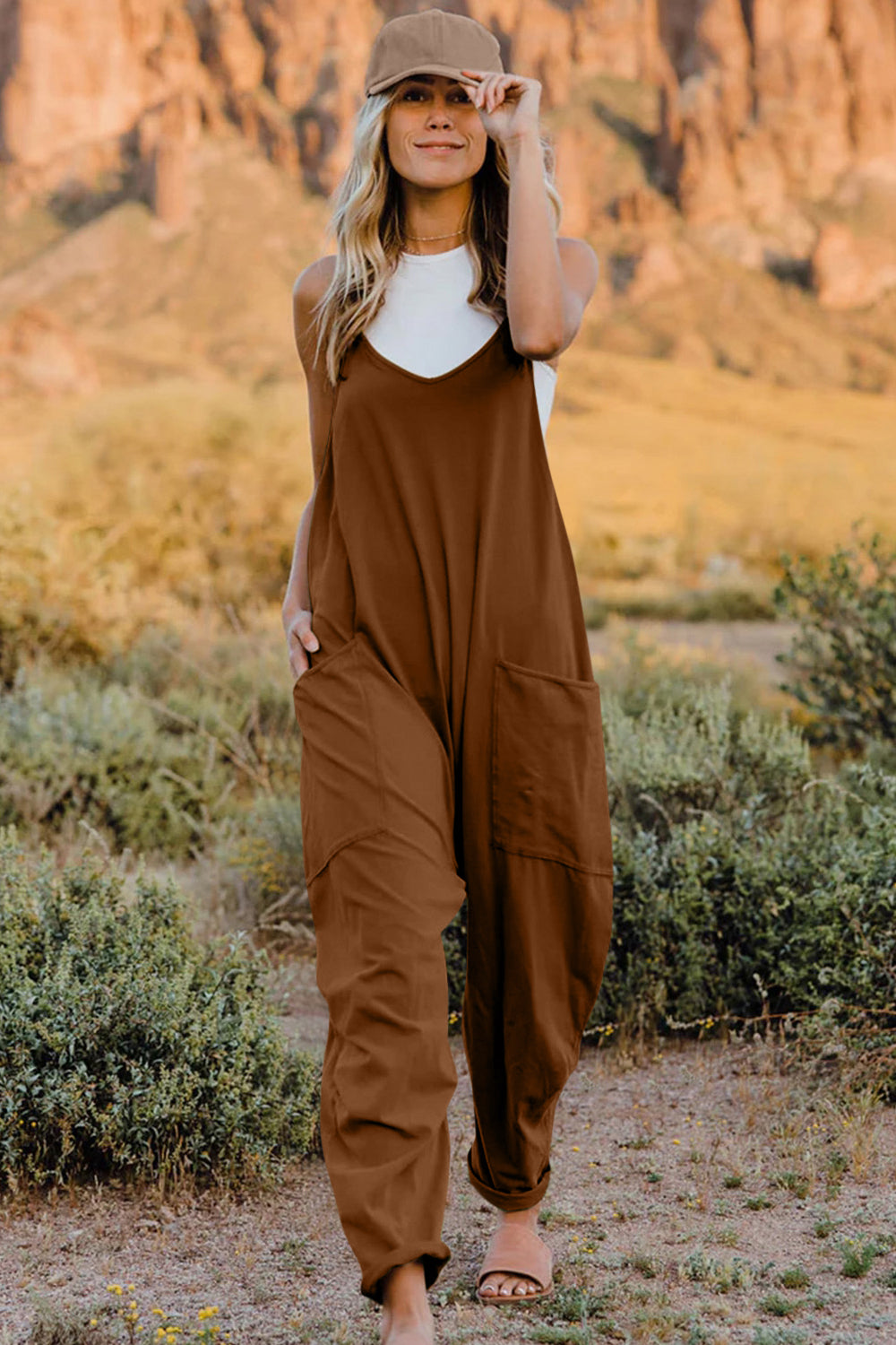 Buy Full Size V-Neck Sleeveless Jumpsuit with Pockets by Double Take