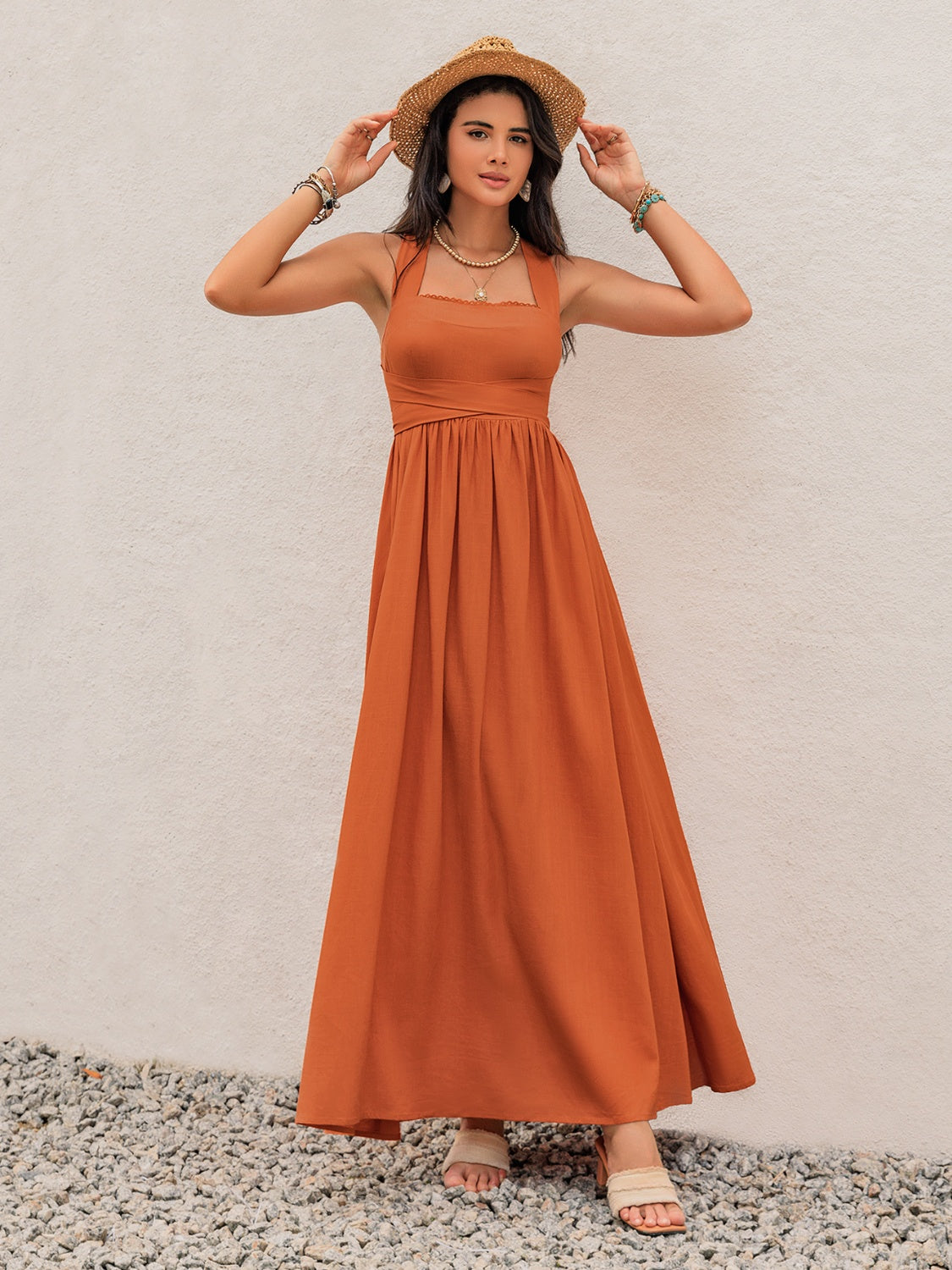 Buy Crisscross Back Smocked Square Neck Maxi Dress by Faz