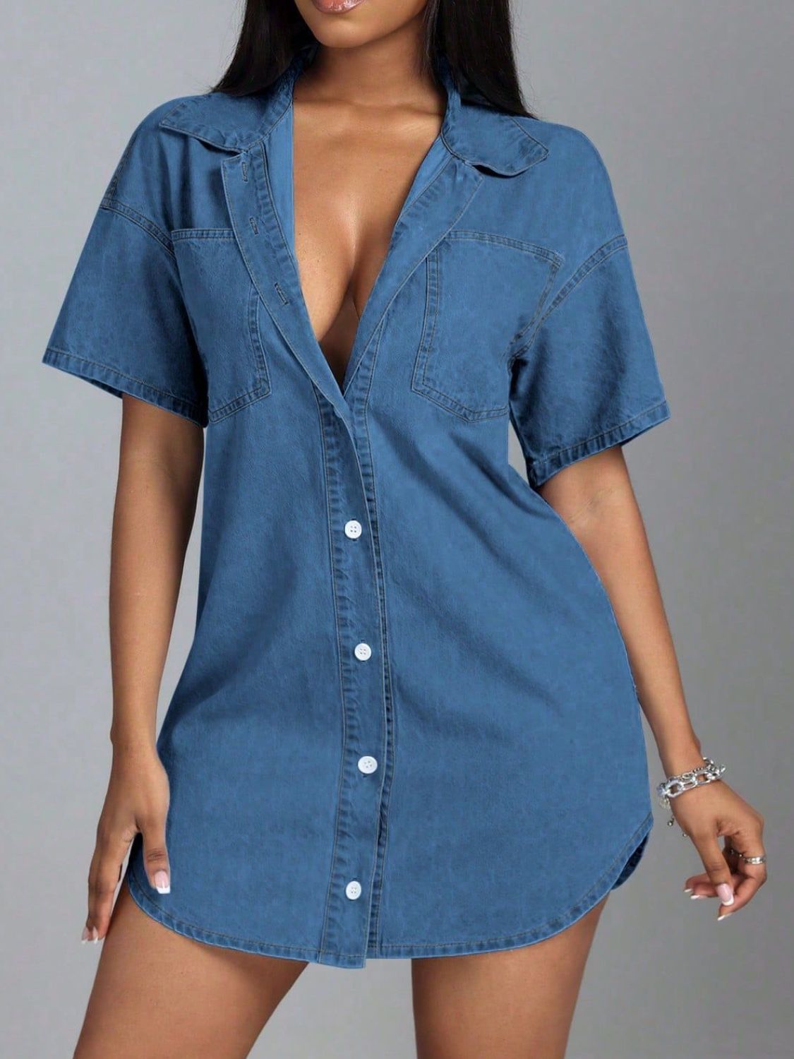 Buy Button Down Collared Neck Denim Dress by Faz