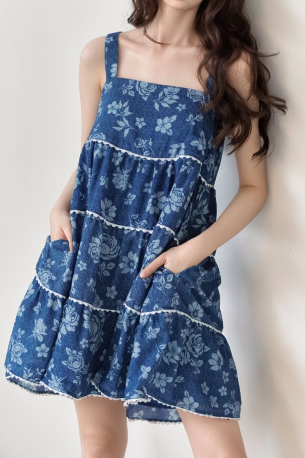 Buy Floral Tiered Square Neck Denim Dress by Faz