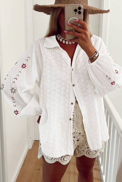 Buy Embroidered Eyelet Collared Neck Long Sleeve Shirt by SYNZ