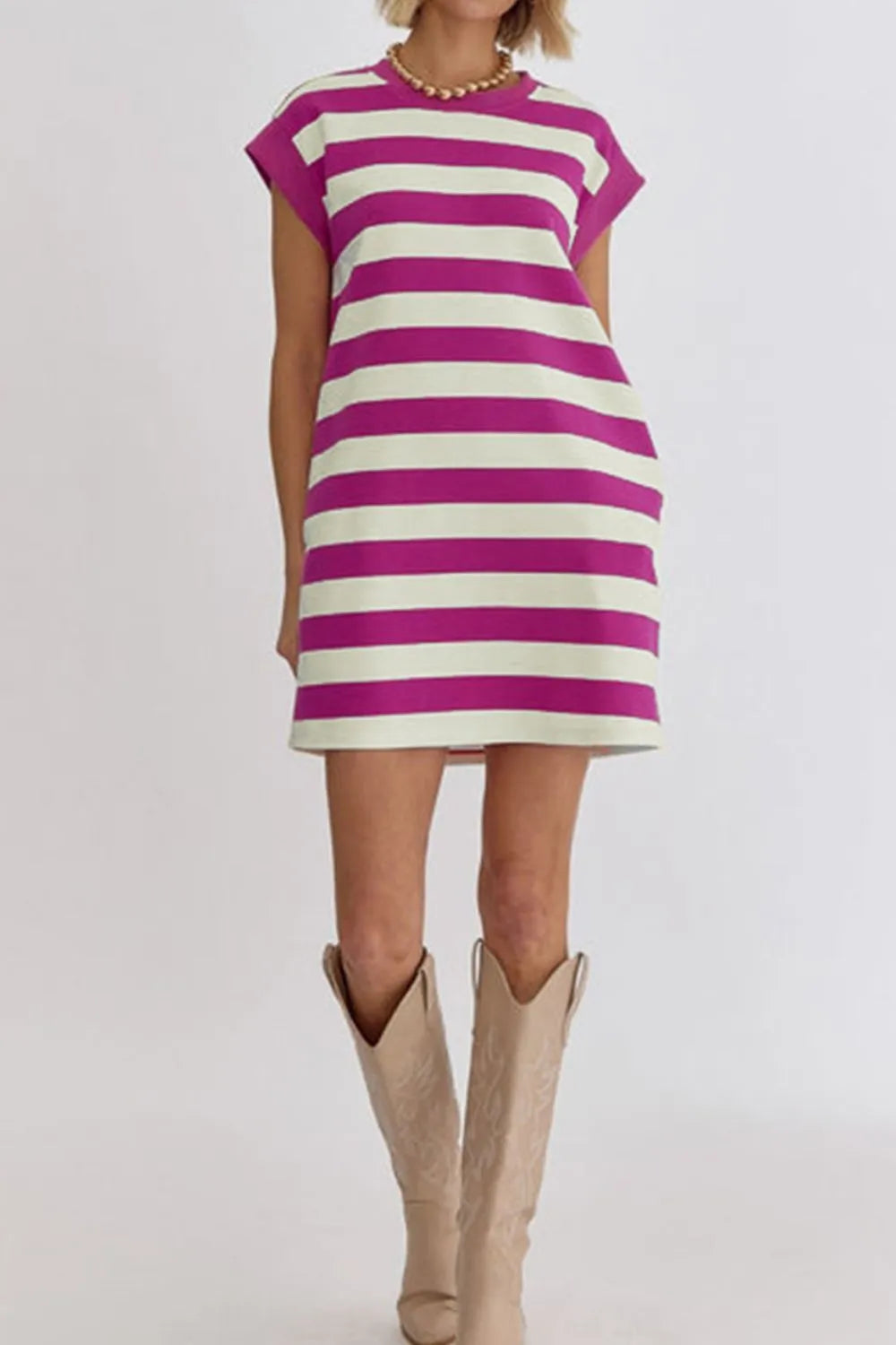 Buy Stripe Cap Sleeve Pocketed Shift Tee Dress by Faz