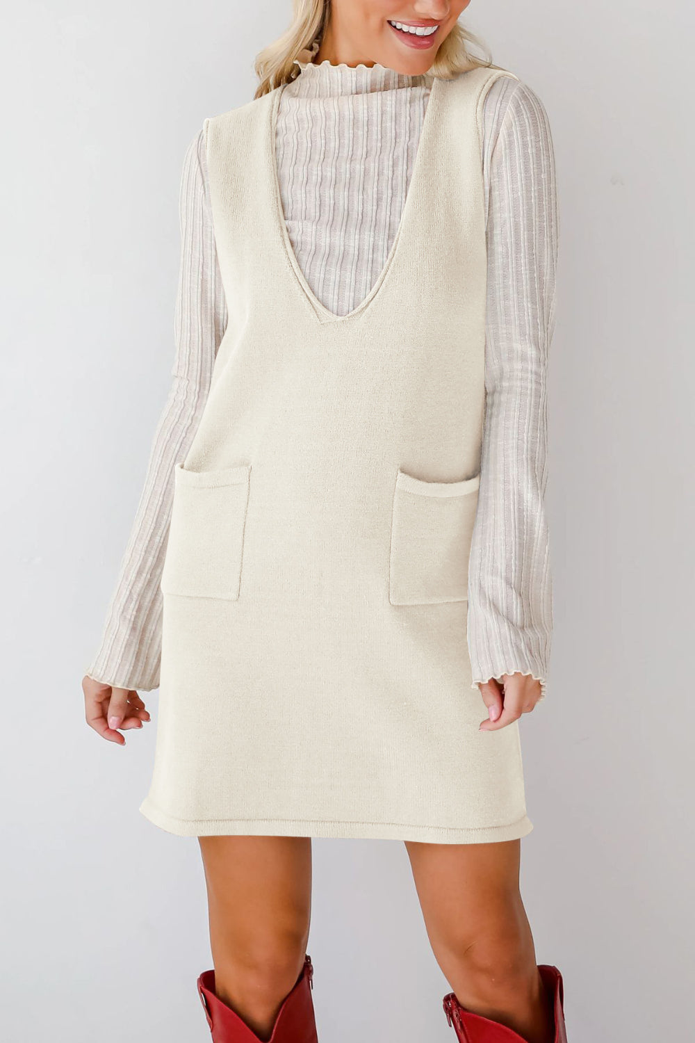 Buy Pocketed V-Neck Mini Sweater Overall Dress by Faz