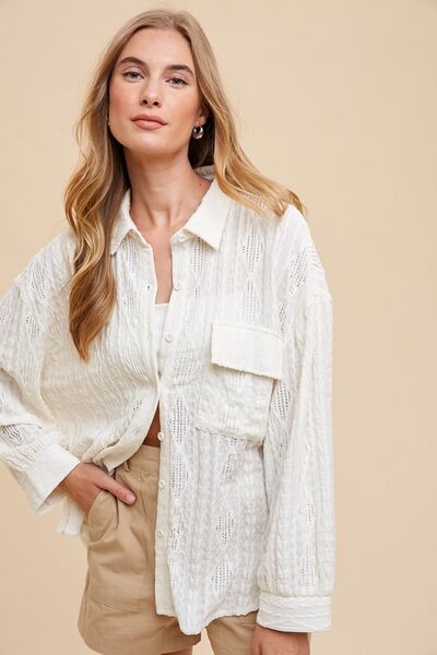 Buy Openwork Button Down Drop Shoulder Shirt by Annie Wear