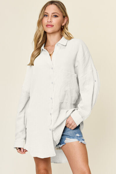 Buy Full Size Pocketed Texture Button Up Shirt by Double Take
