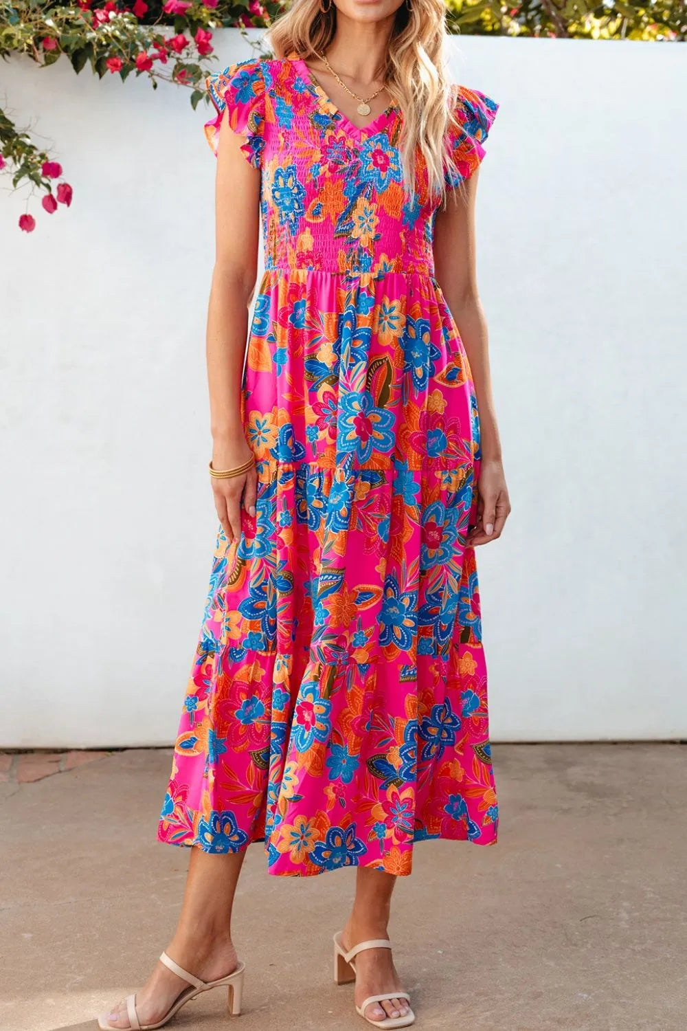Buy Boho Floral V Neck Ruffle Tiered Dress by Faz